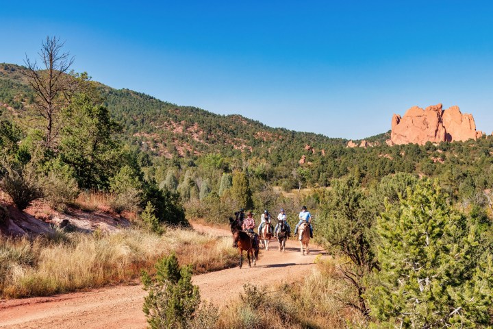 a group of people walking down a dirt road